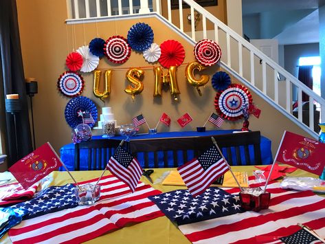 Marine Corps party decor Marine Deployment Party, Marine Corps Welcome Home Party, Marines Decorations Party, Marine Corps Birthday Party, Marine Corps Themed Party, Marine Party Decorations, Marine Send Off Party Ideas, Usmc Party Decorations, Marine Welcome Home Party