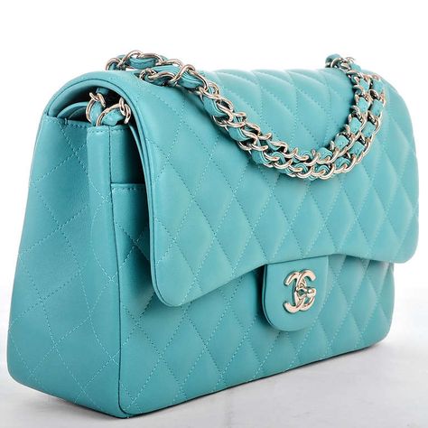 Chanel Turquoise Blue Quilted Lambskin Jumbo Classic 2.55 Double Flap Bag Turquoise Purse, Turquoise Bag, Chanel Jumbo, Colorful Handbags, Chanel Brand, Classic Flap Bag, Stylish Purse, Handbag Heaven, Harrods