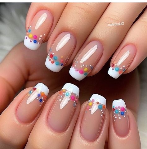 Rainbow Glitter French Tip Nails, Colored French Dip Nails, Clear Nails With Polka Dots, French Manicure With Nail Art, Tipped Nail Designs, French Tips Nails Ideas, White And Rainbow Nails, French Tip Nails 2024, Funky French Tips