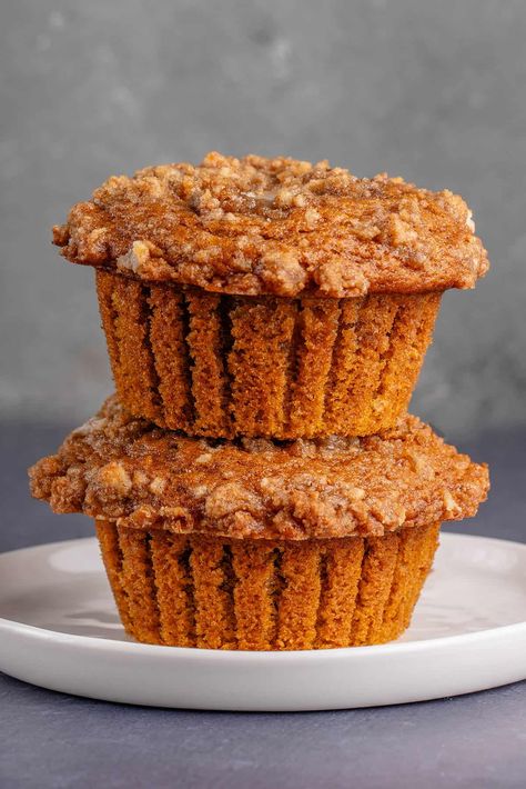 These Vegan Pumpkin Muffins are as luxurious as it gets. Spiced muffin batter filled with a rich cream cheese filling, then baked until golden with a delightful streusel topping. No one will believe they're completely vegan! Vegan Pumpkin Cream Cheese, Chickpea Scramble, Vegan Muffin, Vegan Pumpkin Muffins, Ginger Muffins, Vegan Breakfast Options, Vegan Pumpkin Bread, Vegan Bread Recipe, Pumpkin Pie Spice Mix