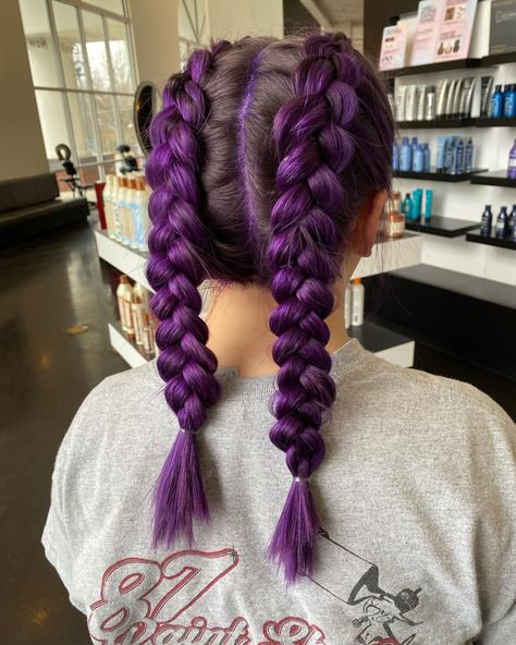 Two Buns Hairstyle, Braids With Color, Passion Hair, Lavender Hair Colors, Purple Braids, Buns Braids, Tail Braids, Double Dutch Braid, Dark Purple Hair