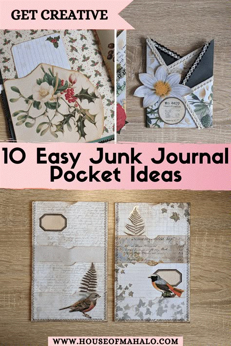 10 Easy Junk Journal Pockets: Ideas & Tutorials Easy Junk Journal, Junk Journal Pockets, Pocket Ideas, Junk Journal Ideas, Homemade Journal, Journal Pockets, Handmade Journals Diy, Paper Pocket, Diy Journal Books