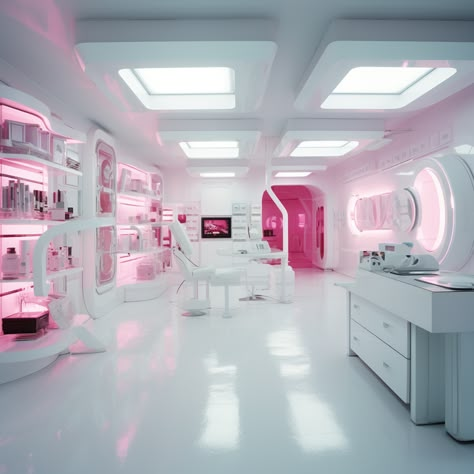 Science Experiments Aesthetic, Scientist Bedroom Aesthetic, Pink Futuristic Aesthetic, Futuristic Room Aesthetic, Science Lab Background, Science Lab Aesthetic, Retro Cyberpunk Aesthetic, Pink Mecha, Pink Laboratory