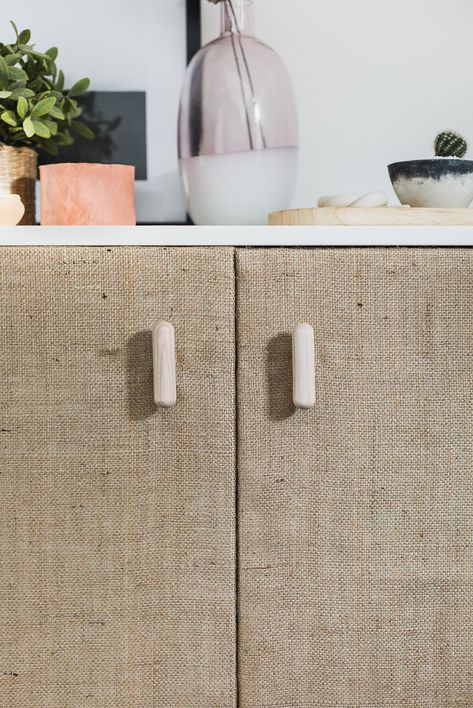 DIY Hessian Cabinet Doors | Fall For DIY Hessian Art, Hessian Crafts, Guests Room, Hessian Fabric, Jute Fabric, Diy Storage Cabinets, Craft Stash, Weave Fabric, Raw Wood