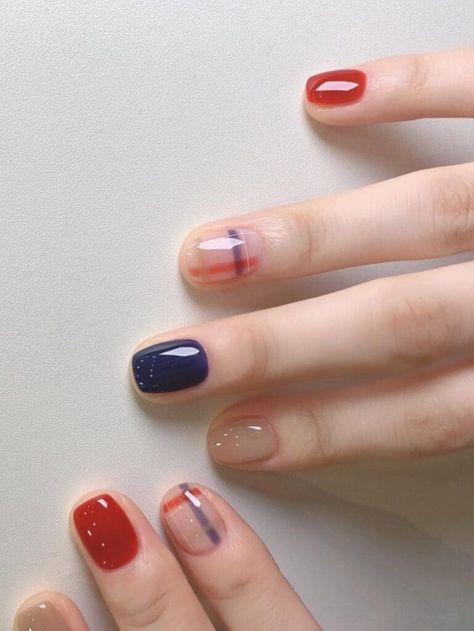 Navy and orange plaid short nails Navy Nail Art, Dark Blue Nail Polish, Blue Prom Nails, Plaid Nail Art, Classy Looks, Dark Blue Nails, Blue Gel Nails, Navy Nails, Pink Glitter Nails