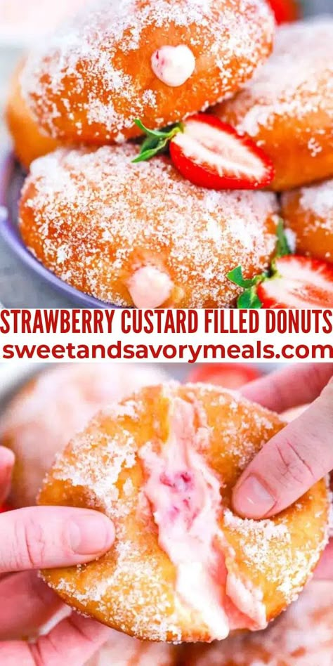 Strawberry Custard, Homemade Donuts Recipe, Strawberry Donuts, Filled Donuts, Custard Filling, Homemade Donuts, Doughnut Recipe, Delicious Donuts, Köstliche Desserts