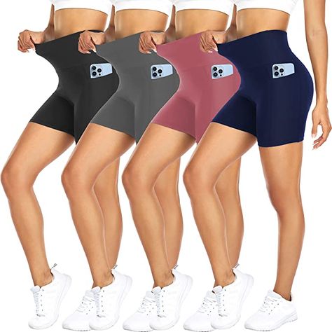 Amazon.com: FULLSOFT 4 Pack Biker Shorts for Women with Pockets – 5" High Waisted Tummy Control Workout Yoga Running Gym Short Pants : Clothing, Shoes & Jewelry Exercise Shorts, Yoga Short, Tennis Shorts, Black Yoga, Workout Yoga, Shorts For Women, Under Dress, Lady Biker, 4 Way Stretch Fabric