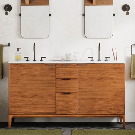 Furniture All Bathroom Renovation | West Elm Bathroom Furniture Modern, Mid Century Bathroom, Plumbing Installation, Vanity Faucet, Matte Black Hardware, Plywood Panels, Double Bathroom, Double Bathroom Vanity, Stylish Bathroom