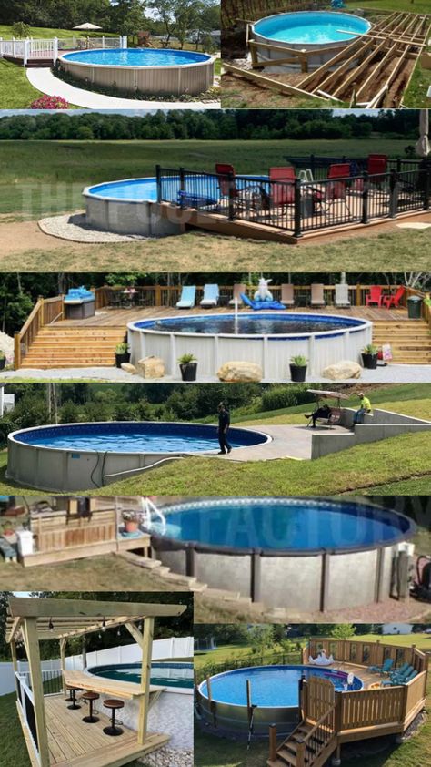 Inspo Hillside Pool Sloped Backyard, Pool Built Into Hillside, Pool Plans, Hillside Pool, Landscaping Around Pool, Decks Around Pools, Backyard Entertainment, Backyard Goals, Pool Deck Plans