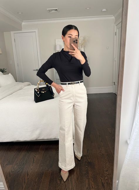 Petite Winter Outfits, Cream Pants Outfit, Black Mock Neck Top, Black Top Outfit, Business Casual Outfits Winter, Slacks Outfit, Classic Work Outfits, Pants Outfit Work, Winter Work Wear