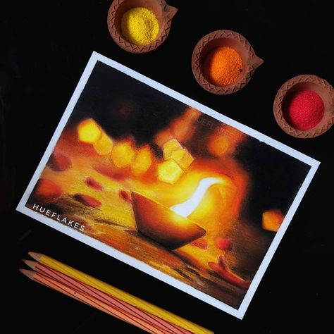 Diwali art, Deepavali Puja, Diwali painting ideas, diya photos, bokeh effect, realistic candle light Diwali Painting Watercolour, Diwali Painting Ideas, Diya Photos, Diya Drawing, Diwali Art, Diwali Painting, Diwali Fireworks, Festival Paint, Diwali Drawing