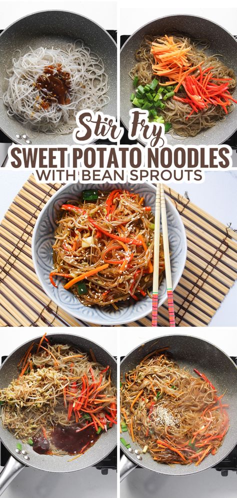 Try this quick and healthful stir-fry noodles made with Sweet Potato Noodles and loads of vegetables--a great family dish. Enjoy! Fresh Kitchen Sweet Potato Noodles, Sweet Potato Noodle Recipes, Sweet Potato Glass Noodles Recipe, Sweet Potato Noodles Recipe, Sweet Potato Stir Fry, Korean Sweet Potato Noodles, Glass Noodles Recipe, Sweet Potato Rice, Potato Noodles