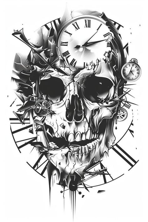 Cool Skull Drawings, Unique Half Sleeve Tattoos, Arm Tattoos Drawing, Skull Hand Tattoo, Skull Sleeve Tattoos, Clock Tattoo Design, Skull Art Drawing, Skulls Drawing, Tattoo Style Drawings