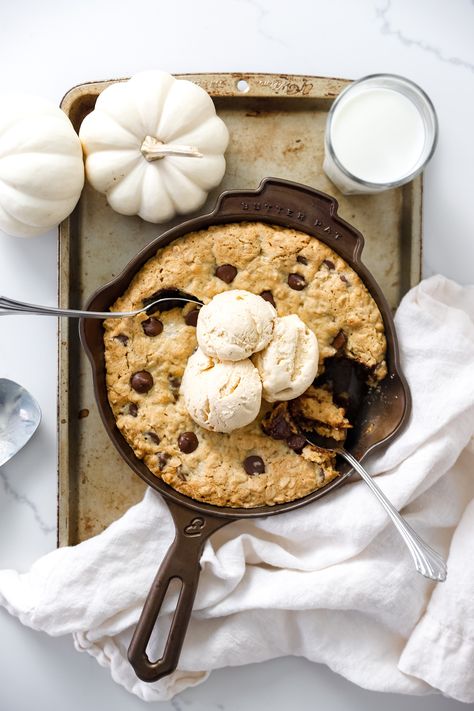 Oatmeal Chocolate chip Cookie Skillet Chocolate Chip Cookie Skillet, Oatmeal Chocolate Chip Cookie, Scoops Of Ice Cream, Cookie Skillet, Best Oatmeal Cookies, Chocolate Chip Pecan Cookies, Skillet Chocolate Chip Cookie, Pumpkin Ice Cream, Gluten Free Chocolate Chip Cookies