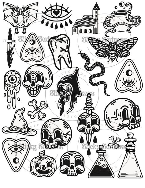 Want to get a feel for a spooky tattoo without the commitment? Have an event you need some temporary ink for? Enjoy this spooky temporary tattoo sheet!  ~Each sheet comes 24 individual tattoos that can last up to 5 days Instructions ~Trim desired tattoo to size ~ Clean skin - you should ensure there are no oils, lotions, perfumes, etc. on skin prior to application to ensure longevity of the tattoo ~ Remove plastic film from tattoo ~ Place tattoo face down on skin ~ Press wet cloth on tattoo for Halloween Tattoo Black And White, Small Horror Flash Tattoo, Halloween Stomach Tattoo, Spooky Wrist Tattoo, Dainty Halloween Tattoos, Simple Goth Tattoo Ideas, Cute Gothic Tattoos, Halloween Flash Sheet Tattoo, Skull Tattoo Linework