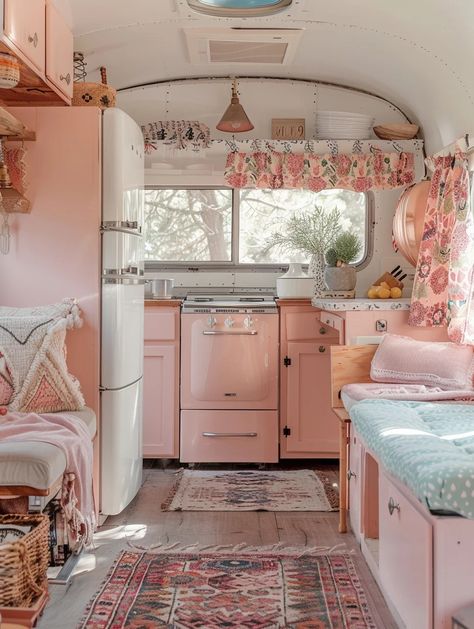 95+ Boho and Hippie Camper Design Ideas - TastyInteriors Cottagecore Camper Interior, Camper Design Ideas, Pink Caravan, Glamping Camper, Shabby Chic Campers, Pink Camper, Hippie Camper, Vintage Trailer Interior, Dream Camper