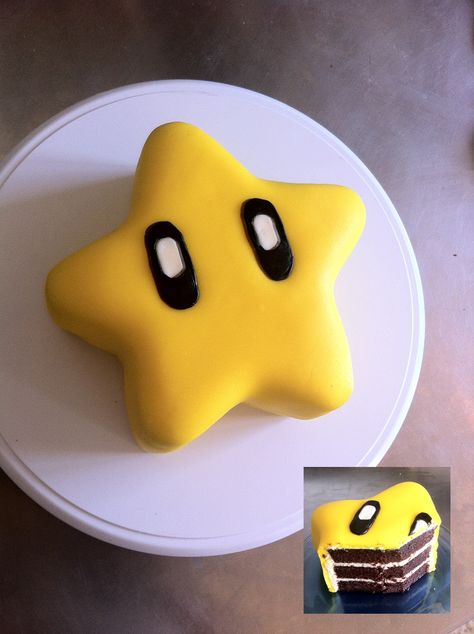 Super mario star cake - ~ 1 tier, 7'' round pan, 3 Chocolate layers, star shape sculpted  ~ Vanilla cream cheese frosting  ~ Homemade Marshmallow fondant, Americolor's Lemon yellow, Wilton's black Homemade Marshmallow Fondant, Mario Birthday Cake, Nintendo Party, Mario Bros Cake, Vanilla Cream Cheese, Mario Star, Super Mario Cake, Vanilla Cream Cheese Frosting, Super Mario Bros Party