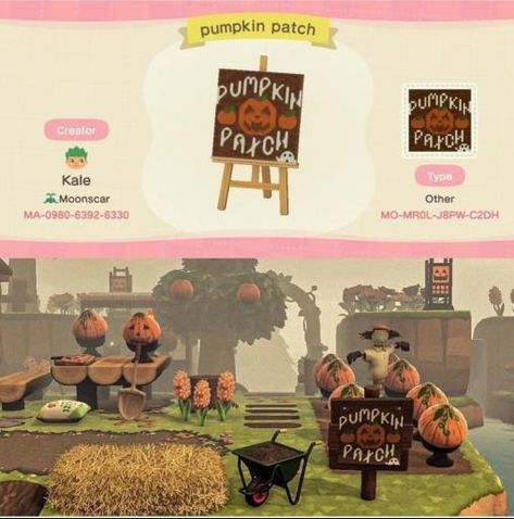 Pumpkin Patch Layout, Ac Decoration, Acnh Pumpkin, Acnh Halloween Code, Acnh Signs, Acnh Halloween, Ac Codes, Acnh Paths, Pumpkin Patch Sign