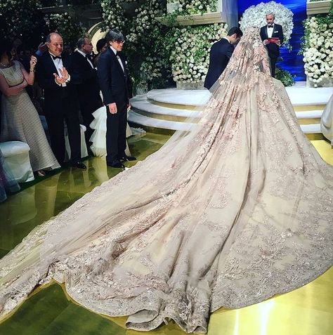 Moving Staircase, Lebanese Wedding Dress, Bridal Entrance, Cathedral Length Wedding Dress, Million Dollar Wedding, Royal Wedding Gowns, Lebanese Wedding, Extravagant Wedding, Stunning Wedding Dresses