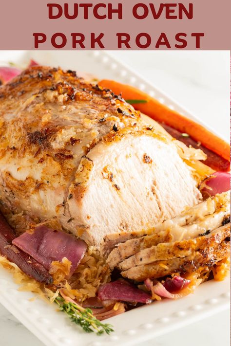 This delicious Dutch Oven Pork Roast satisfies your need for a hearty, comforting Sunday supper. The roast pork , sauerkraut and savory vegetables cook in about an hour so you can enjoy this meal anytime. Small Pork Roast, Pork Loin Sauerkraut, Dutch Oven Pork Roast, Oven Pork Roast, Pork Roast Recipes Oven, Roast In Dutch Oven, Dutch Oven Pork, Dutch Oven Chicken Breast, Pork Roast And Sauerkraut