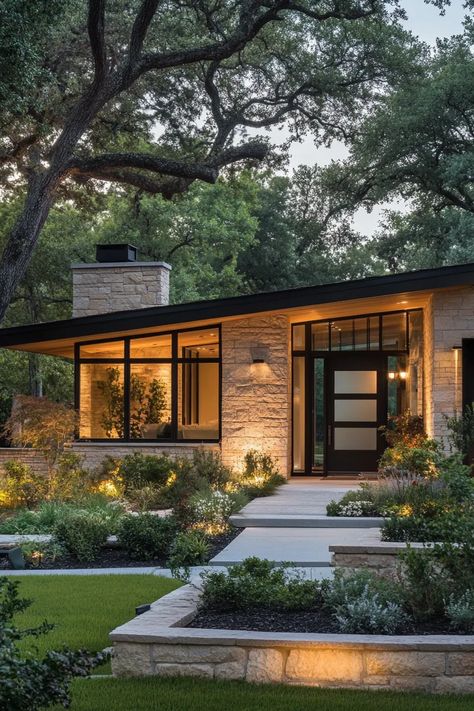 Bedford Stone House Exterior, California Ranch Exterior, Mid Century Exterior House, Uphill House Design, Modern Rustic House Design, Texas Modern House, Modern Rustic Ranch House, Mid Century Ranch Exterior Remodel, Eco Modern House