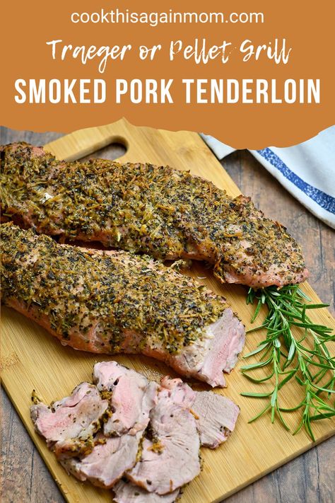 Smoked Pork Tenderloin on a pellet grill is topped with a layer of seasoning and Parmesan, then cooked with fresh rosemary and garlic. Treager Pork Tenderloin Recipes, Pellet Smoked Pork Tenderloin, Traeger Pork Tenderloin Recipes, Treager Pork Loin Recipes, Pork Tenderloin Recipes Pellet Grill, Pork Tenderloin On Traeger Grill, Traeger Grill Recipes Pork, Pork Tenderloin Traeger Recipes, Smoked Pork Tenderloin Pellet Grill