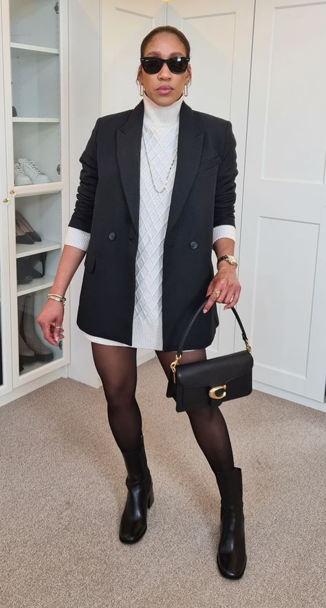 Blazer And Boots Outfit Winter, Blazers And Boots Outfit, Dress Blazer And Boots Outfit, Jumper And Blazer Outfits, Blazer And Sweater Dress, Blazer Sweater Dress, Turtle Neck Dress With Blazer, Jumper With Blazer Outfits, Black Turtleneck Dress Outfit Winter