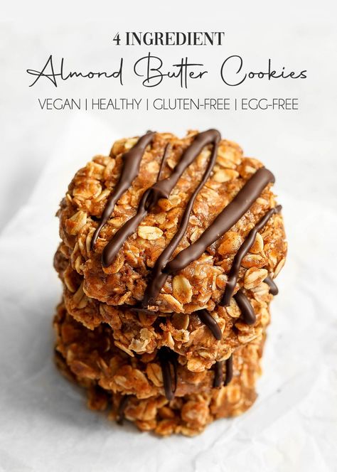 4-ingredient almond butter cookies (Vegan/GF) Ella Vegan, Chocolate Oat Cookies, Gf Cookies, Almond Butter Cookies, Recipes Paleo, Buy Cookies, Oat Cookies, Fit Food, Healthy Kitchen