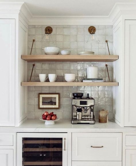 Built In Coffee Bar, Bar Inspiration, Home Coffee Stations, Coffee Bars In Kitchen, Coffee Nook, Home Coffee Bar, Open Kitchen Shelves, Modern Farmhouse Kitchens, Coffee Station