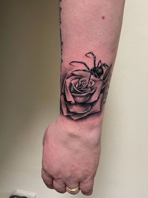 Rose With Spider Tattoo, Spider On Rose Tattoo, Spider On Flower Tattoo, Spider And Rose Tattoo, Soul Mate Tattoo, Bumble Bee Tattoo, Spider Web Tattoo, Money Rose, Arm Tattoo Ideas