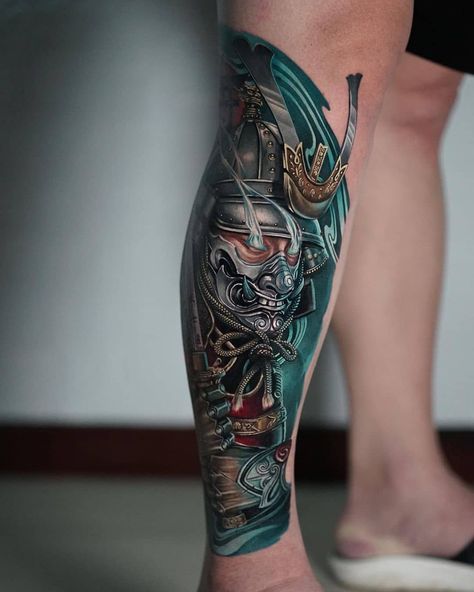 Large Tattoo Samurai Tattoo Sleeve, Calf Tattoo Men, Japanese Leg Tattoo, Samurai Warrior Tattoo, Tattoo Machine Tattoo, Needle Tattoo, Full Leg Tattoos, Aztec Tattoo Designs, Dragon Sleeve Tattoos