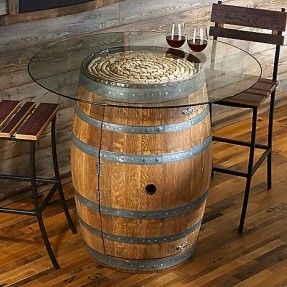 Reclaimed Wine Barrel Pub Table with Glass Top at Wine Enthusiast - $995.00   WANT Wine Barrel Table Diy, Barrel Table Diy, Wine Barrel Bar Table, Diy Wine Barrel, Diy Whiskey Barrel, Whiskey Barrel Coffee Table, Wine Barrel Coffee Table, Whiskey Barrel Table, Wine Barrel Bar