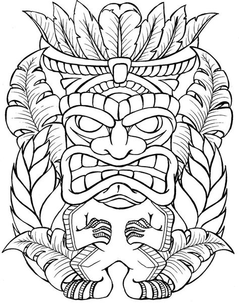 Tiki Man Tattoo, Hawaiian Tiki Mask, Cupcake Tattoos, Valkyrie Tattoo, Tiki Tattoo, Coloring Pages Ideas, Coloring Mask, Tiki Man, Tiki Head