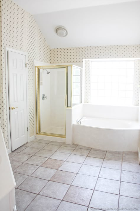 BEFORE & AFTER: MASTER BATHROOM | Spray Paint & Chardonnay Master Bath Layouts, 90s Home Remodel, Master's Bathroom, Blue Bathroom Design, Primary Bathroom Design, Navy Blue Bathroom, Bathroom Gray, Wet Bathroom, Basement Bathroom Ideas