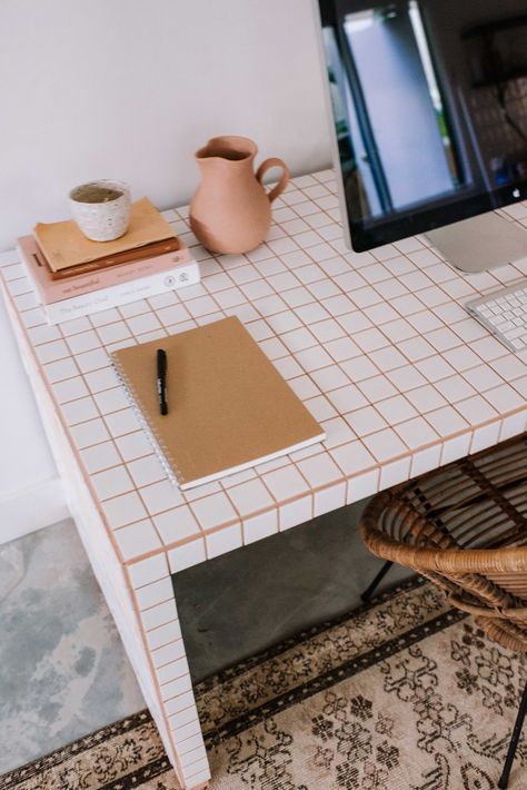 How To Make A Tiled Desk Tile Desk Top, Tiles Furniture Diy, Diy Tile Outdoor Table, Diy Tile Desk, Terracotta Grout, Tile Kitchen Table, Tile Table Diy, Tile Furniture Diy, Tiled Dining Table