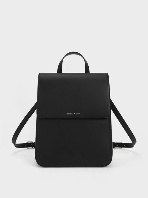 Charles And Keith Bags, Black School Bags, Modern Handbag, Stylish School Bags, Square Backpack, Luxury Backpack, Minimalist Bag, Back Bag, Black Leather Backpack