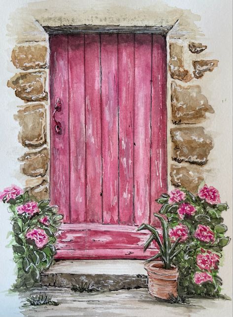 Watercolor pink door Watercolor Paintings Doors And Windows, Watercolour Doors Watercolor Painting, Watercolor Doors And Windows, Watercolor Window Painting, Paintings Of Doors, Watercolor Doorways, Watercolor Doors Paintings, Watercolour Door, Door Watercolor Painting