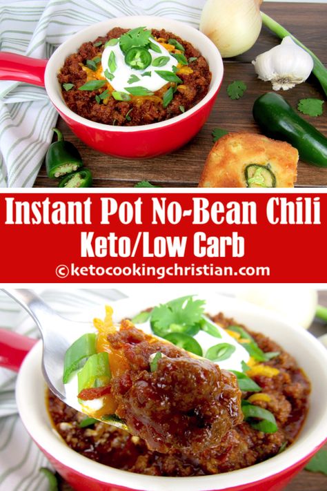 Instant Pot No-Bean Chili - Keto and Low Carb  I use a blend of grass-fed beef and ground sausage, Chili Seasoning Mix. and jalapeño peppers, to  give it a little spicy kick and great flavor!    #ketorecipes #keto #lowcarb #ketodiet #ketogenicdiet #lowcarbdiet #ketogenic #lowcarbhighfat #lowcarbrecipes #lchf #glutenfree #ketoweightloss #ketocookingchristian Keto No Bean Chili, Chili Keto, Chili Without Beans, Low Carb Chili Recipe, Instant Pot Chili, Beef Recipe Instant Pot, Keto Dinners, Bean Chili, Low Carb Soup