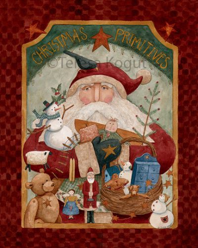 568 Christmas Primitives 8x10 Five Folk Art Prints, Santa With Reindeer, Folk Art Santa, Folk Art Christmas, Santa Paintings, Christmas Painting Ideas, Painted Santa, Christmas All Year, Santa Art