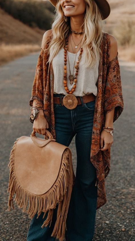 Country Boho Fashion, Boho Two Piece Outfit, Boho Outfits Ideas, Boho Inspo Outfit, 2024 Fall Outfit Ideas, Boho 2024 Fashion, Boho Western Outfits Plus Size, Women Western Outfits Casual, Boho Outfits Jeans