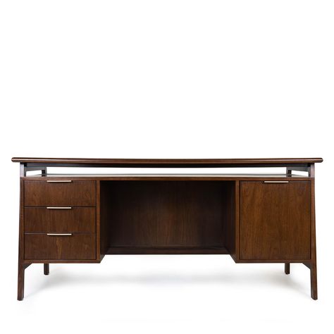 Ward Desk - desk with mid century design Mid Century Executive Desk, Classic Study Table, Airy Office, Mid Century Office Desk, Displaying Trinkets, Desk Blue, Graces Room, Desk Build, Mid Century Office