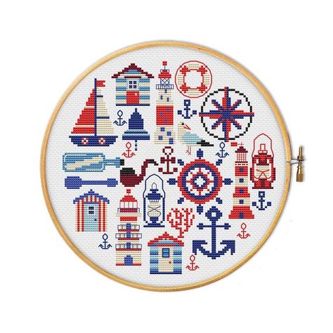 Ship Cross Stitch, Lighthouse Embroidery, Round Cross Stitch, Nautical Embroidery, Cross Stitch Sea, Fantasy Pattern, Autumn Cross Stitch Patterns, Sampler Cross Stitch, Baby Cross