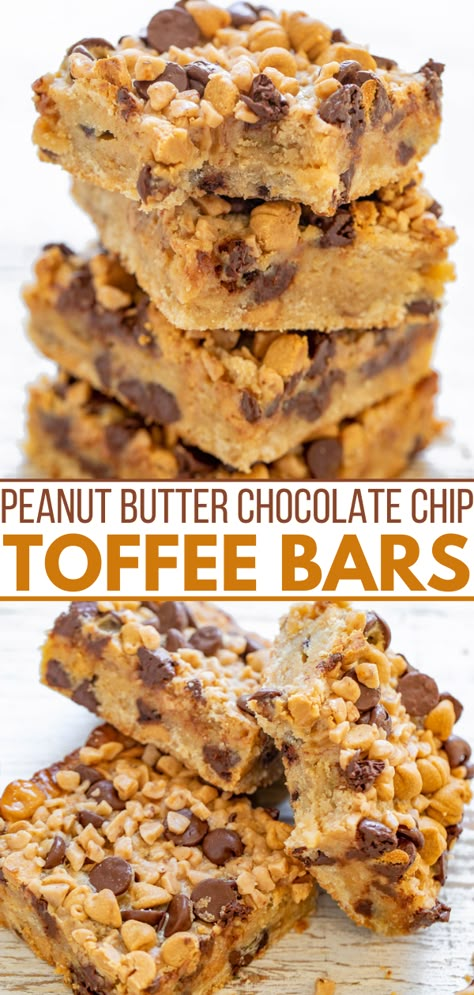 Peanut Butter Chocolate Chip Toffee Bars - Averie Cooks Peanut Butter Toffee Bars, Peanut Butter Bar Cookies, Chocolate Chip Toffee Bars, Blondies Recipes, Easy Bar Recipes, Toffee Chips, Easy Bar, Desserts Bars, Bar Desserts