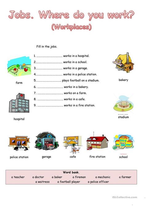 Jobs. Where do you work? - English ESL Worksheets for distance learning and physical classrooms Jobs And Places Of Work Worksheet, Occupation Worksheet, Kindergarten Jobs, English Worksheets For Kindergarten, English Teaching Materials, Business English, English Worksheets For Kids, English Fun, English Lessons For Kids