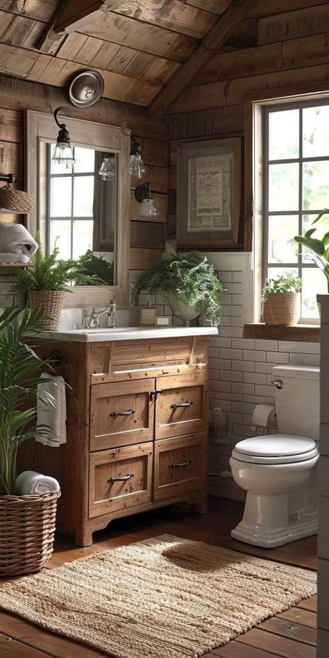 Bathroom In Wooden House, Walk In Shower Rustic, Modern Cottage Core Bathroom, Woodsy Bathroom Ideas, Wood Cabin Bathroom, Cottage Restroom, Rustic Master Bath Ideas, Cozy Cottage Bathroom, Rustic Guest Bathroom