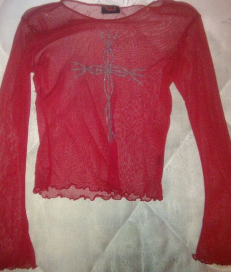 See-through red long-sleeved top with cross print Red Shirt Outfit, Red Shirt Outfits, Red Shirt, Shirt Outfit, Long Sleeve Tops, Red