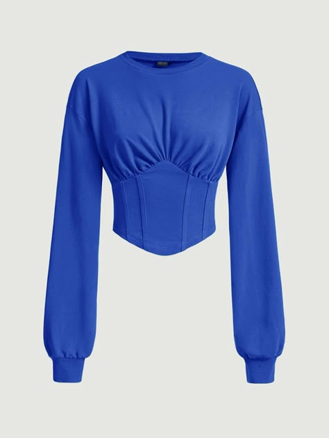 Royal Blue Casual Collar Long Sleeve Fabric Plain Pullovers Embellished Slight Stretch  Women Sweatshirts Royal Blue Shirt, Royal Blue Shirts, Casual Chic Outfits, Swimsuits Outfits, Women Sweatshirts, Football Outfits, Casual Chic Outfit, Kpop Fashion, Asymmetrical Hem