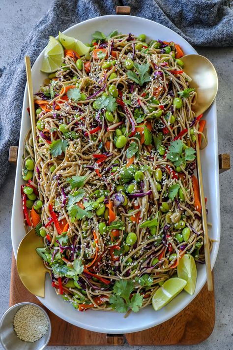 Cold Soba Noodle Salad Recipe - Bonappeteach Soba Noodle Edamame Salad, Cold Soba Salad, Thai Soba Noodle Salad, Soba Noodle Recipe Vegetarian, Salmon Soba Noodles, Potluck Vegan, Cold Soba Noodle Recipe, Cold Soba Noodle Salad, Soba Noodle Recipe