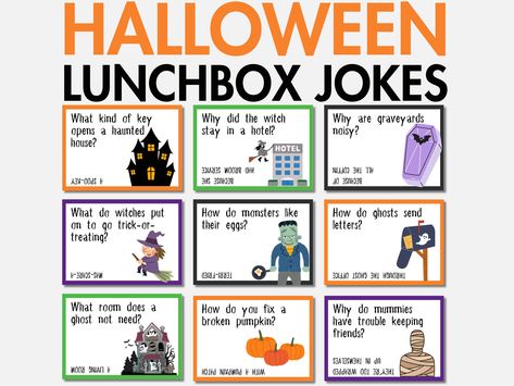 Bring scream-worthy laughs, ghostly giggles, and frightful fun to your child's lunchtime with our Halloween lunchbox jokes for kids!  Simply download, print, cut, and enjoy--it's that easy! This set of 30+ printable Halloween lunchbox notes is perfect for all ages.  Whether you're a parent packing a lunch or a teacher looking to add some fun to the classroom, these spooky and funny Halloween lunch box cards are sure to be a hit! WHAT'S INCLUDED -------------------- This digital download includes Halloween Lunchbox Notes, Halloween Lunchbox Jokes, Lunchbox Jokes For Kids, Halloween Cards For Kids, Halloween Jokes For Kids, Halloween Lunch Box Notes, Lunchbox Cards, Halloween Lunch Box, Halloween Lunch