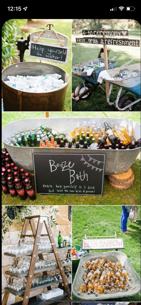 Drink Station Ideas, Outdoor Wedding Foods, Bonfire Wedding, Bbq Wedding Reception, Backyard Bbq Wedding, Open Bar Wedding, Wedding Alcohol, Wedding Decorations Ideas, Wedding Drink Station